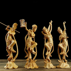 黄杨木雕摆件敦煌飞天四音美女精品实木人物客厅装饰创意雕刻工艺