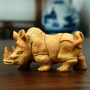 黄杨木雕摆件犀牛手把件神兽动物天然实木中式家居装饰招财工艺品