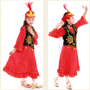 新疆女童舞蹈表演演出服装儿童连体舞台现代舞裙维吾尔族服饰帽子