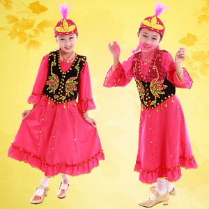 新疆舞蹈表演演出服装女童儿童舞蹈服连体维吾尔族服舞台现代舞裙