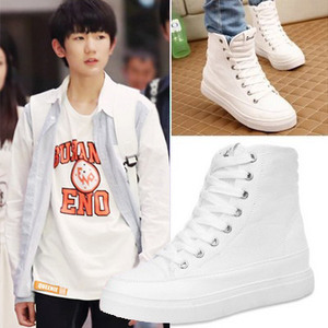 tfboys同款鞋子女学生布鞋平底休闲板鞋韩版潮白色高帮帆布鞋黑色