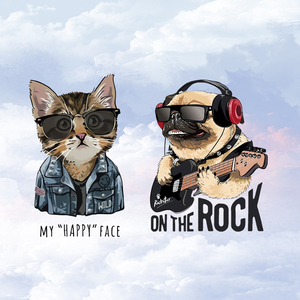 欧美手绘墨镜猫咪摇滚吉他狗狗印花图案热转印衣服胶印辅料烫画贴