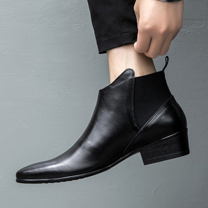 尖头切尔西靴男真皮短靴软皮靴英伦头层牛皮高跟男靴加绒高帮皮鞋