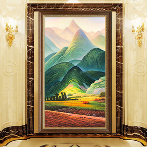 手绘竖版巨人山玄关装饰画过道走廊招财风水入门油画壁画风景挂画