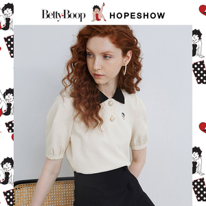 红袖设计感t恤夏春秋2020新款女装贝蒂印花撞色polo领泡泡袖上衣