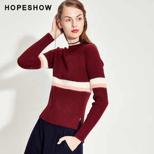 红袖女装冬装新款撞色条纹修身毛衣开叉圆领套头针织衫上衣女
