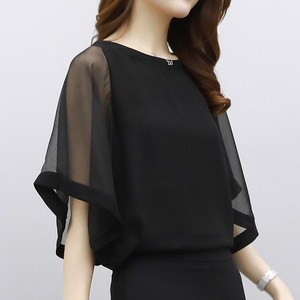 黑色雪纺衫女短袖2024夏季新款大码宽松遮肚小衫洋气上衣减龄韩版