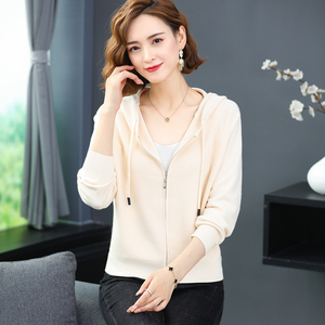 恒源祥连帽羊绒开衫外套女短款宽松外穿羊毛衫毛衣早秋针织上衣潮