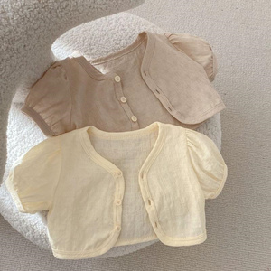 婴幼儿短袖外套防嗮衣夏季薄款女宝宝泡泡袖小开衫洋气短款空调服