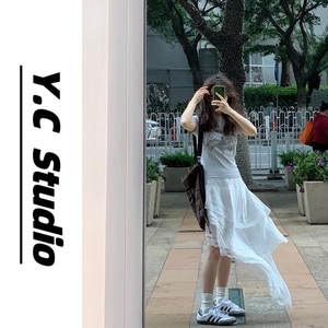 YC 白色半身裙女2024新款夏季多层蕾丝花边重工不规则斜裁裙子