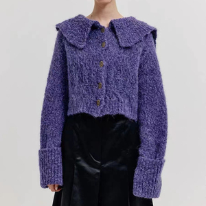 EENK 2023秋冬紫色单排扣大翻领修身短款针织开衫最高版本毛衣女