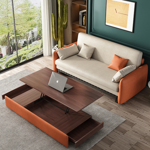 北欧多功能沙发床1.5米科技布带升降茶几两用沙发布艺拉伸折叠床