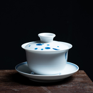 手绘小鱼盖碗茶杯茶碗大号茶具泡茶碗陶瓷白瓷三才碗手抓壶