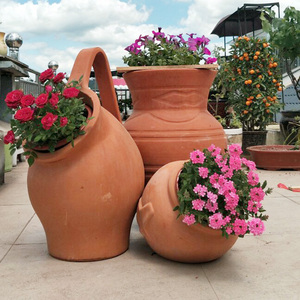 酒店会所大红陶花盆落地景观陶瓷罐花盆组合素烧粗土陶罐花盆摆件