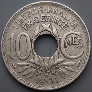法国1931年 10分10生丁 铜镍币 硬币 km#866a 201737