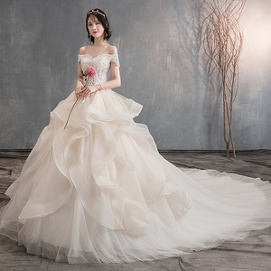 主婚纱2020新款新娘结婚一字肩齐地森系超仙梦幻抖音网红拖尾礼服