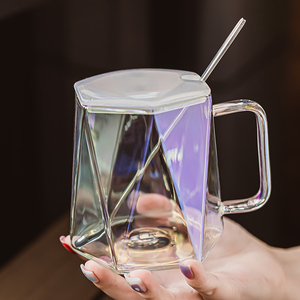 高颜值钻石玻璃杯子带盖勺把手夏日女生办公室水杯夏季情侣咖啡杯