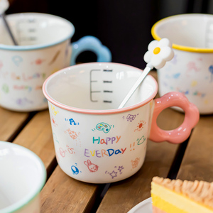 带勺刻度陶瓷牛奶杯家用儿童喝水马克杯女生可爱早餐燕麦咖啡杯子