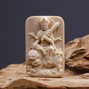 悟仰堂 天然蓝皮猛犸象牙文殊菩萨吊坠挂件牌子 原创牙雕文玩收藏