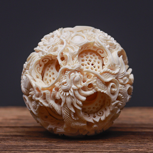 悟仰堂猛犸象牙玲珑鬼工球中式风水龙珠镇宅摆件牙雕文玩收藏送礼