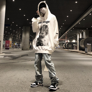 美式复古街头小众嘻哈hiphop人像印花连帽卫衣男宽松潮牌高街帽衫