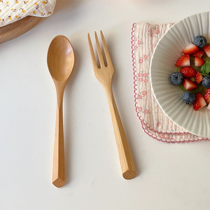 穆尼 ins榉木叉勺套装家用甜品木叉勺复古水果叉喝汤勺子木质餐具