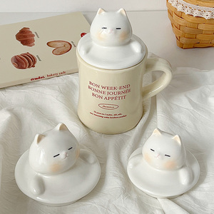 穆尼 超可爱的陶瓷猫咪杯盖情侣马克杯大号盖子通用防尘环保创意