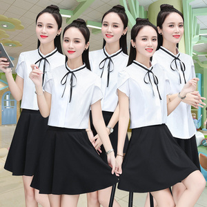 白衬衣女短袖裙套装韩版幼儿园教师工作服套装幼师园服职业装定制