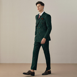 英伦复古西装男套装双排扣新郎结婚礼服三件套高端条纹西服正装男