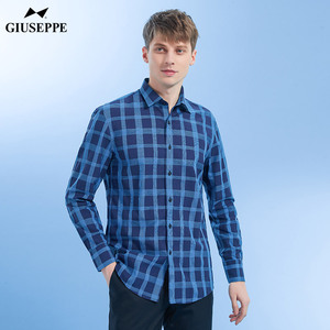 giuseppe/乔治白春夏男长袖衬衫方领蓝格子轻薄款休闲修身衬衣潮