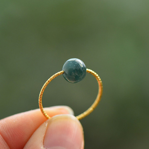 天然a货蓝水料油润高水头翡翠转运珠戒指14k注金淡金色指环女气质