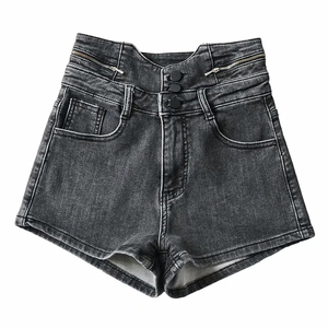 复古小众重工拉链设计高腰单排扣牛仔短裤女修身弹力百搭a字热裤