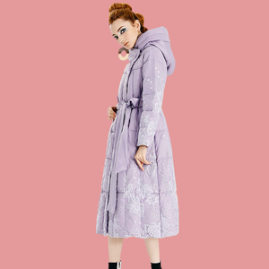 卓拉zuolla20冬新款轻奢欧根纱刺绣系带白鸭绒羽绒服过膝长款外套