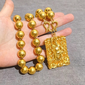 黄金项链男款9999足金包银空心纯金圆珠佛珠加关公吊牌包金不掉色