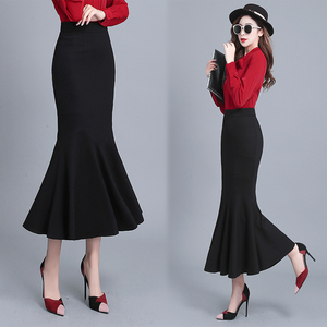 秋冬修身毛呢鱼尾裙半身长裙女大码加厚包臀一步裙红色大摆裙长款