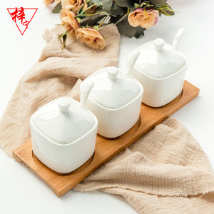 梓宁纯白骨瓷调味盒带盖陶瓷创意厨房家用盐罐佐料盒调料罐3只装