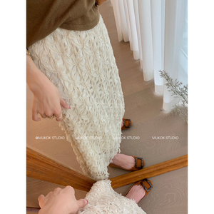 MUKOK 白色镂空半身裙女2024春季新款高腰长款一字步a字中长裙