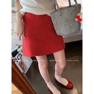 MUKOK 心动讯号~ 复古红色波点短裙高腰显瘦包臀半身裙夏季新款