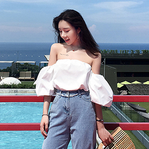 锁骨一字肩抹胸心机上衣女夏短款露肩甜美超仙海边度假性感小衫