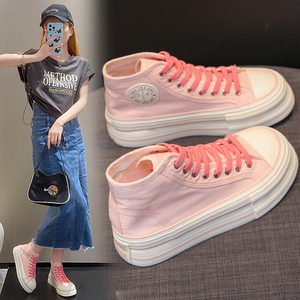 莓莓粉色夏季高帮帆布鞋女厚底透气系带网红薄款chic小众板鞋潮牌