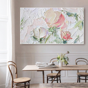 纯手绘油画抽象花卉厚肌理装饰画客厅高端石英砂玄关餐厅挂画横版