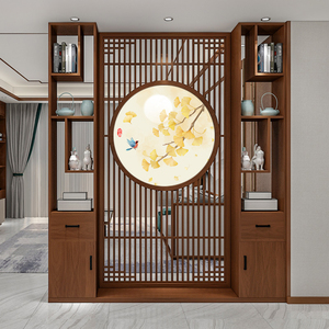 新中式屏风隔断柜子自建房别墅进门客厅现代入户玄关柜两边置物架