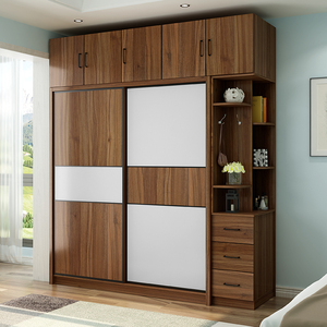 移门衣柜实木生态板现代简约家用组装柜子中式胡桃色组合整体衣橱