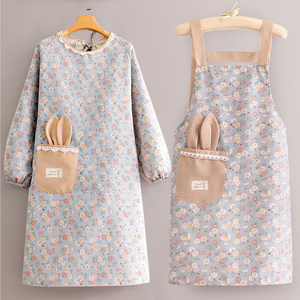 韩版透气防油污耐磨长袖帆布工作服罩衣围腰厨房家用女可爱围裙