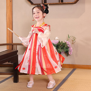 红色舞台裙汉服女童连衣裙夏季民族风儿童裙子古装超仙宝宝公主裙
