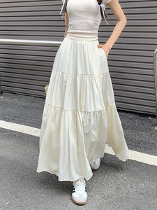 法式白色半身裙蛋糕裙长款半裙夏季女裙子高腰显瘦大裙摆a字长裙