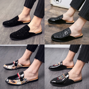 半拖鞋男秋季社会精神小伙皮鞋包头拖鞋无后跟半拖豆豆鞋懒人鞋男