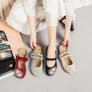 司藤同款老北京布鞋女民族风包头凉拖亚麻半拖鞋中国风刺绣汉服鞋