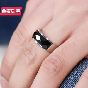 简约黑玛瑙戒指男士宽面指环韩版钛钢饰品霸气潮款个性尾戒刻字