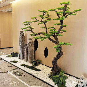迎客松场景设计 样板房会所酒店橱窗中厅松树摆件 大型落地绿植